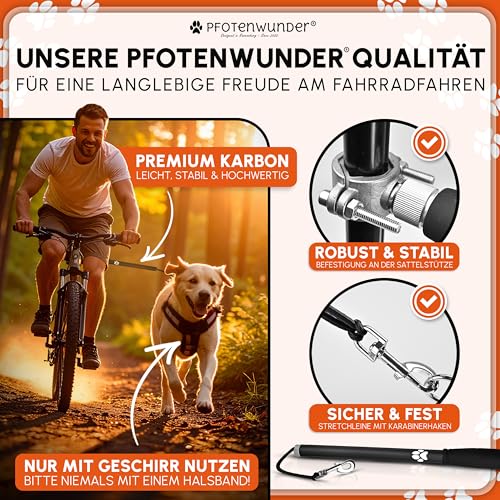 PFOTENWUNDER® Fahrradleine Hund, Hunde-Fahrradleine + 1 elastische Hundeleine & 1 Trainingsbuch, extra Dicke 6mm-Leine | Abstandhalter Fahrradhalter aus hochwertige Karbonfasern mit Stoßdämpfern