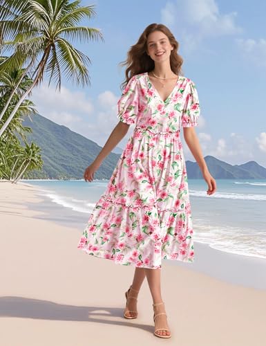 Image of YESNO Summer Floral Midi Dresses for Women V Neck Puff Short Sleeve Frill Trim Dress with Pockets EVX