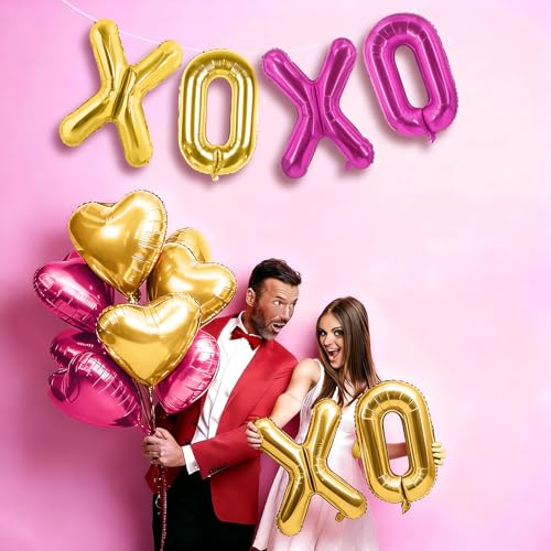 Image of XOXO Heart Balloons 6 Pcs Valentines Day Balloons Hot Pink Gold Heart Shaped Balloon XOXO Foil Balloon Letters for Girls Women Anniversary Sweet Valentine Day Romantic Decor Special Night Party