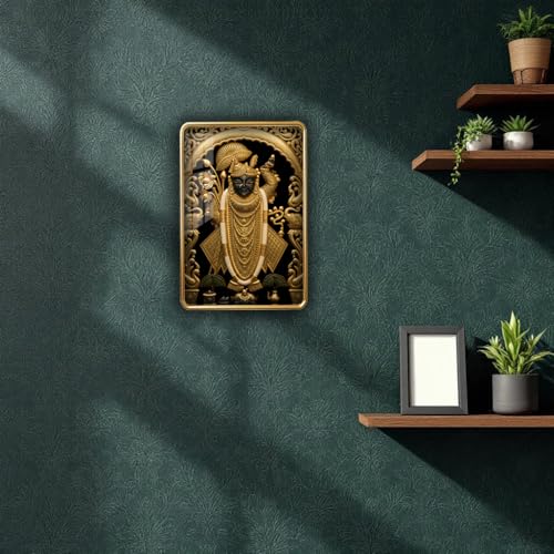 Image of Shrinathji Gold Slim Photo Frame, Nathdwara Shreenathji, Ultra High Gloss Lamination (12x18 Inch)