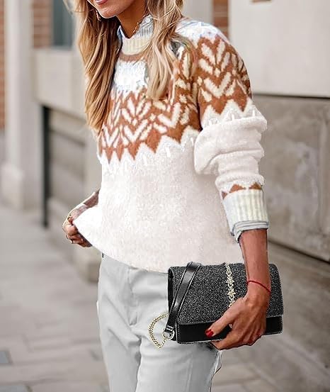 Image of EARKOHA Women's Casual Mock Neck Ribbed Sweater Pullover 2026 Fall Long Sleeve Print Fair Isle Sweater Top
