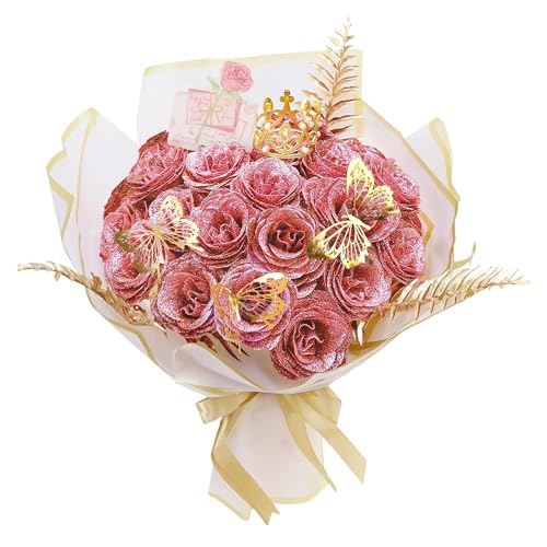 AIGOCITY 24 Pcs Glitter Roses Bouquet,Artificial Rose Bouquet,Spa...
