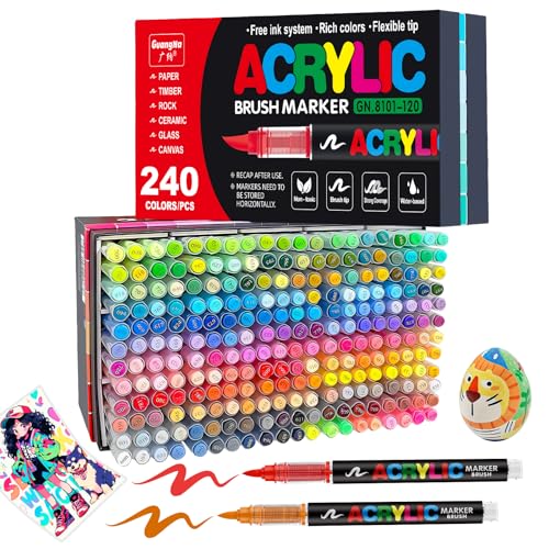 JRQ 240 Colors Acrylic Paint Markers, Brush Tip Acrylic Paint Pens for Wood Rock Glass Canvas Stone Fabric Glass Metal Ceramic Canvas DIY Crafts Art Supplies Kids Gifts
