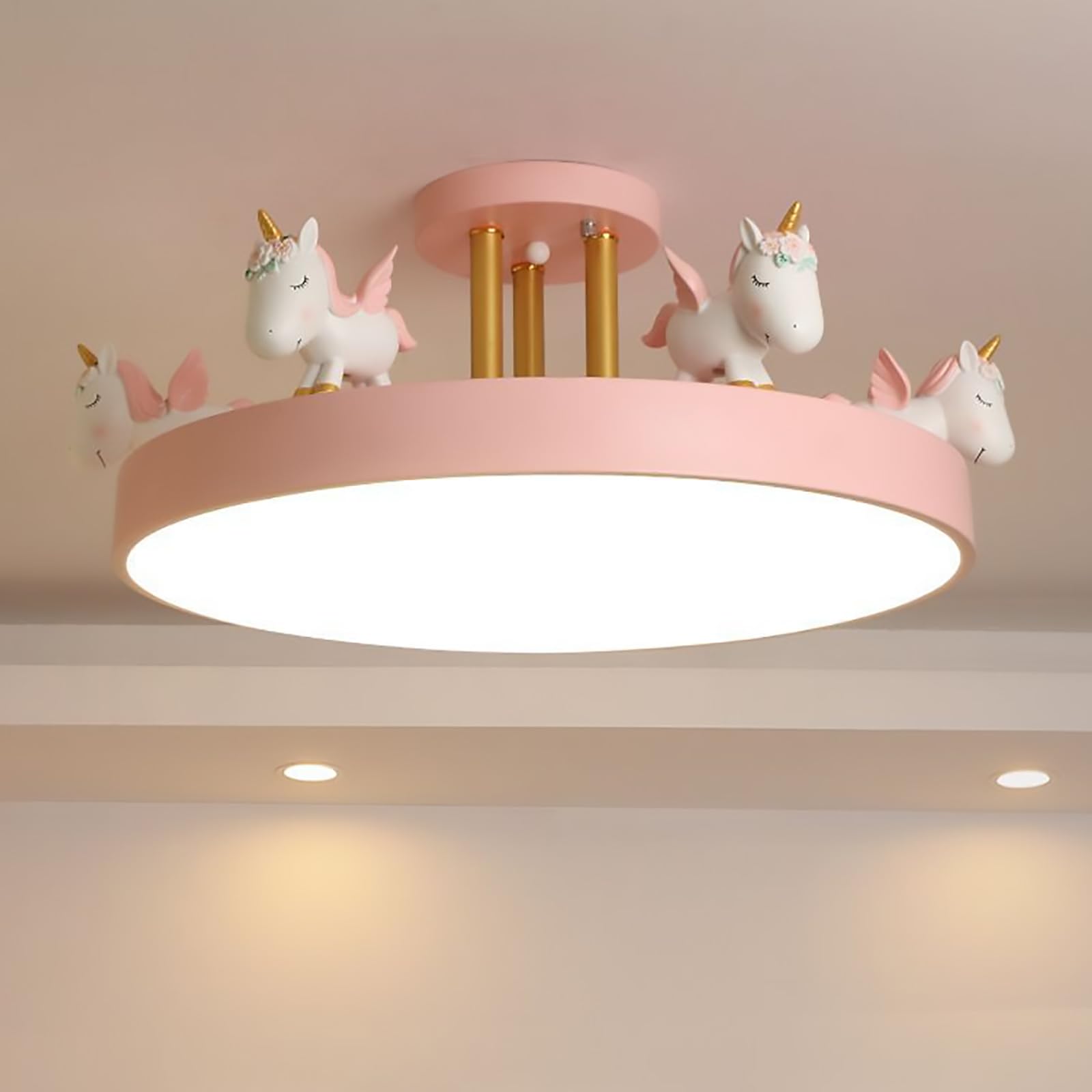 HYJAUSXB Cartoon Ceiling Light Girls Room Lighting Fixtures, Round LED Chandelier 3 Color Dimmable, Flush Mount Kids Lamp for Baby Bedroom,Study Room(Metal Rod, Pink)