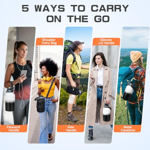 Image of GAZLEMHO Insulated Water Bottle 64 oz, Half Gallon Water Jug Cold 48H, BPA Free Stainless Steel Bottles with Straw /Chug 2-in-1 Lid, Bag, Paracord Handle, Silicone Boot, Sports Gym School Metal Flask