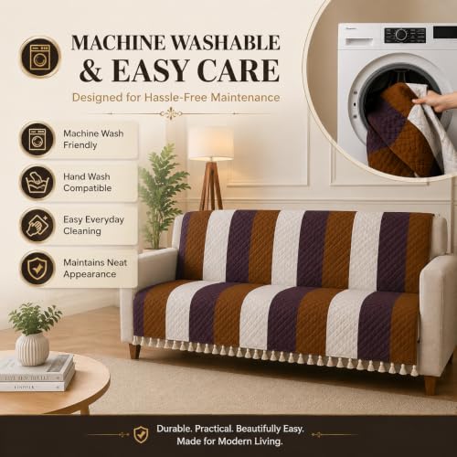 Image of Velvet Quilted Sofa Cover for 2 Seater (48 x 60 Inches) | Stripes | Anti-Slip Soft Washable Sofa Seat Cover | Furniture Protector with Tassels
