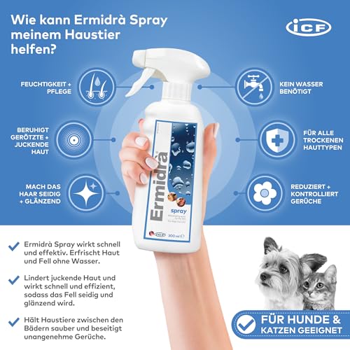 Ermidrà Feuchtigkeitsspray für Hunde, Katzen & Pferde | Hydratisierende & Beruhigende Hautpflege | Unterstützt EIN Weiches & Erfrischtes Fell | Ohne Ausspülen | 300ml