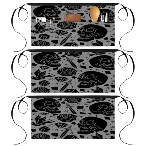 Lot de 3 demi-tabliers de chef à poches avec motif crâne et rose