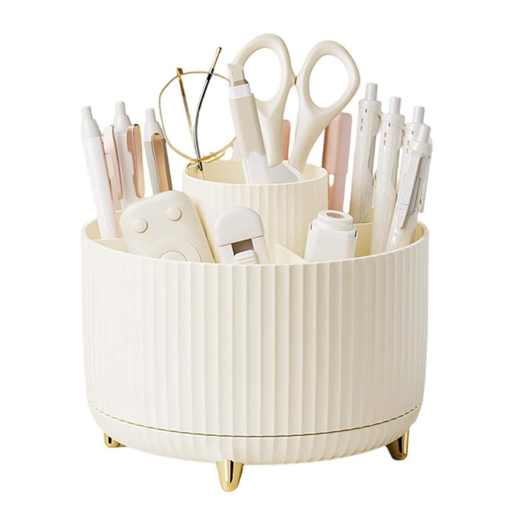 Tnbccxn Cream White Pen Cup, Rotating Stationary Organiser, 6 Compartments Desk Organiser For Kid, Rotating Pen Organiser Holder Art Supply Organiser(Cream White)