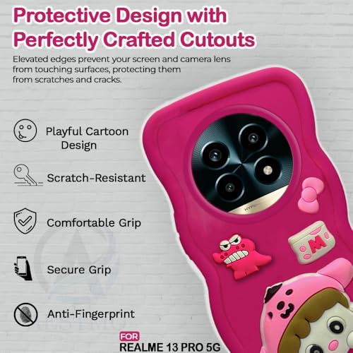 Image of AESTMO Back Case Cover for Realme 13 Pro 5G / Pro Plus | 3D Cute Fun Cartoon Characters | Anti Slip Grip Cute Wave Curly Frame Shape | Back Cover for Realme 13 Pro 5G / Pro Plus |(Pink)