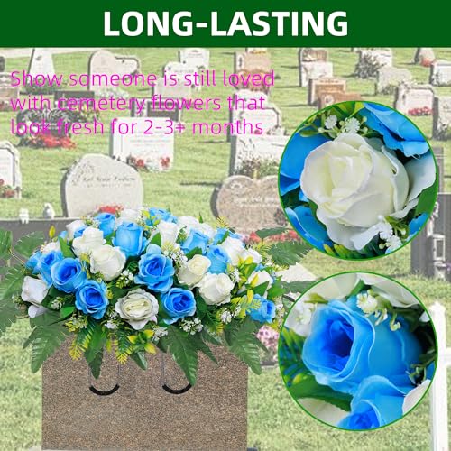Lodou Artificial Cemetery Flower Saddles, Rose Headstone Flower Saddle Outdoor Grave Decorations,Cemetery Memorial Flowers with Vase for Grave Tombstone Decorations (Blue with Whit image 5