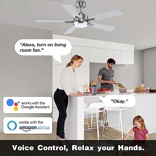 Cumilo 52 Inch Smart Outdoor Ceiling Fans Led Lights And Remote,Quiet Dc Motor,6 Speed,Dimmable,Indoor Modern Brushed Nickel Ceiling Fan Controlled By Wifi Alexa App,Gray Silver Wood Bedroom Patio Porch thumb #1