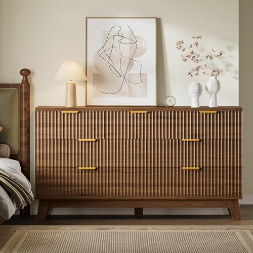 Image of BORNOON Fluted 7 Drawer Dresser, 47.2 inch Wide Modern Boho Chest of Drawers, Wooden Storage Dresser TV Stand for Bedroom, Living Room, Closet, Hallway, Curved Profile Design