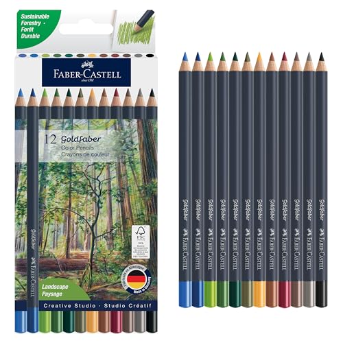 Faber-Castell Goldfaber Colored Pencils: Landscape Colored Pencils with Smooth Laydown, Rich Pigments, Break-Resistant Cores, Perfect for Nature Drawing, Outdoor Sketching & Adult Coloring (12 Count)
