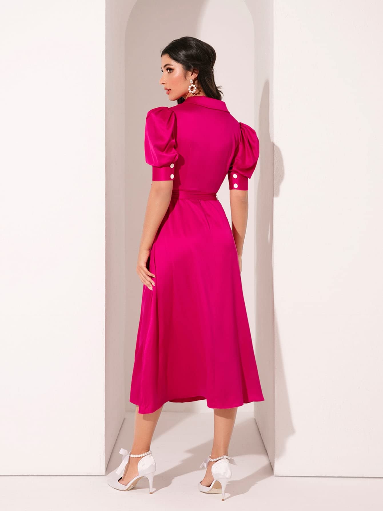 puff sleeve belted shirt dress Womens Puff Sleeve Mini Shirt Dress with Tie Waist Belt, Red, Size L