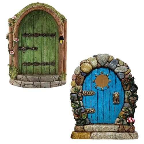 HDGSAFD Lot de 2 portes de fée en bois - Maison de fée pour le jardin - Mini porte de fée miniature - Porte de fée - Porte naine (bleu, vert)