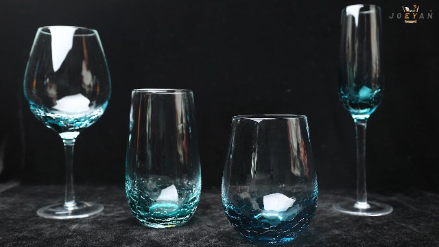 Verres à Vin Sans Pied Joeyan 630ml - Bleu Craquelé, Lot De 2, Soufflés Main