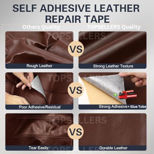 Image of TOPSELLERS Leather Repair Patch with Extra Strong 2 Glue Tube - Premium Self-Adhesive Leather for Sofas, Car-Bike Seats, Chairs, and More - High Durability and Proven Repair Solution (BROWN-2)