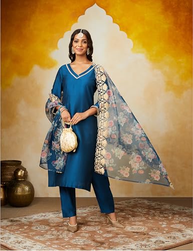Image of Amazon Brand - Myx Women Kurta Pant Set with Embroidered Organza Dupatta | Viscose,Rayon (Available in Plus Sizes)
