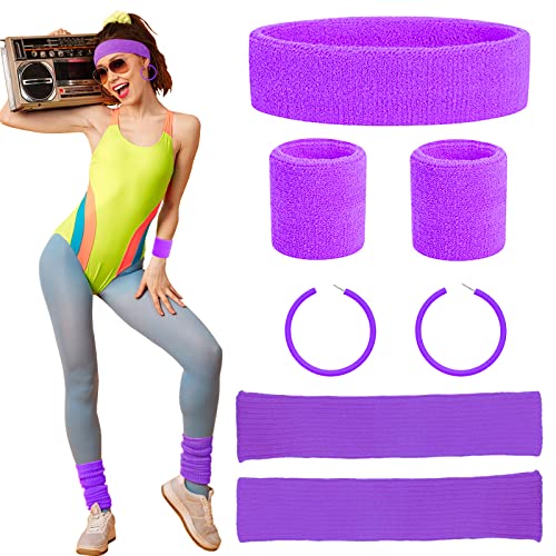Beamely 80s Headband and Wristband Leg Warmers Party Set for Women and Girls 1980s Neon Fancy Dress Costumes Accessories with Earrings Sport Kit for 80s Retro Them Party Supplies Gym Sport(Purple)