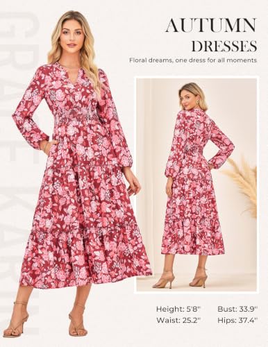 Image of GRACE KARIN Women's Floral Maxi Dress 2026 Fall Long Sleeve V Neck Empire Waist A Line Flowy Dress with Pocket