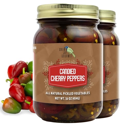 Green Jay Gourmet Pickled Candied Cherry Peppers in a Jar - Fresh Hand Jarred Vegetables for Cooking &amp; Pantry – Pre-Prepared Pickled Cherry Peppers – Simple Natural Ingredients - 2 x 16 Ounces