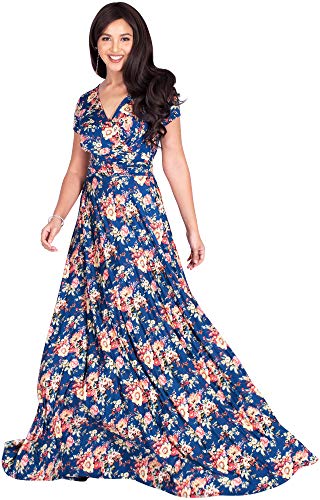 KOH KOH Womens Womens Long Cap Short Sleeve Floor Length Floral Flower Print Printed V-Neck Casual Summer Spring Sundress Elegant Modest Gown Gowns Maxi Dress Dresses, Blue & Yellow L 12-14