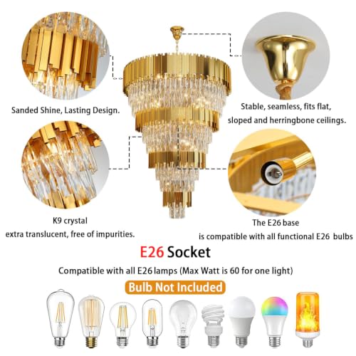 Image of 11-Tier K9 Crystal Chandelier, 32 inch Modern Gold Adjustable Height Pendant Light, Luxury Round Chandeliers for High Ceiling, Foyer, Staircase, Entryway, Two-Story Living Room