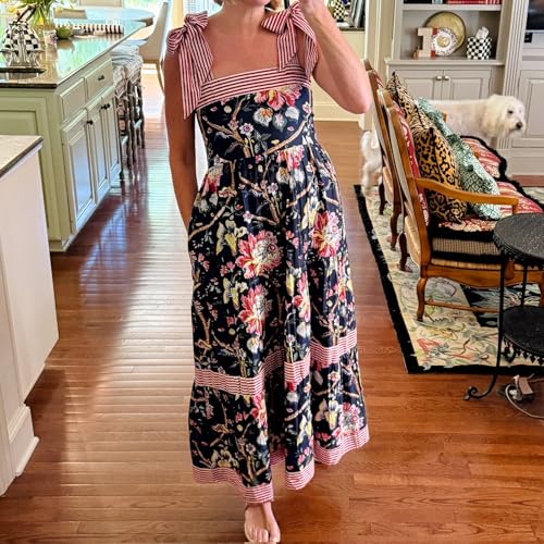 Image of Women Y2k Boho Maxi Dress Tie Shoulder Backless Strappy Tiered Flowy Dress 2024 Summer Floral Beach Sundress