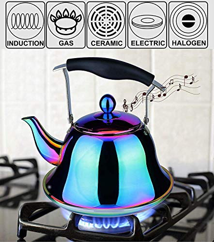 Whistling Tea Kettle with Infuser Stainless Steel Teapot Rainbow Teakettle for Stovetop Induction Stove Top Fast Boiling Heat Water Cute Tea Pot Colorful 2-Liter 2.1-Quart