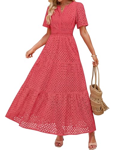 Image of ZESICA Women's 2026 Summer Short Sleeve Maxi Dress Casual V Neck Hollow Out Eyelet Ruffle Swing A Line Long Dresses