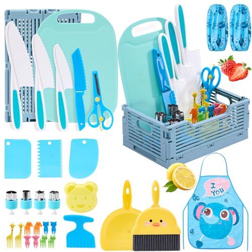 XueerQueer Juego de Cocina Infantil 30 Piezas – Cuchillos Seguros para Niños, Tabla de Cortar, Moldes y Accesorios Montessori – Regalo Educativo para Cortar Frutas y Verduras (3-10 Años)