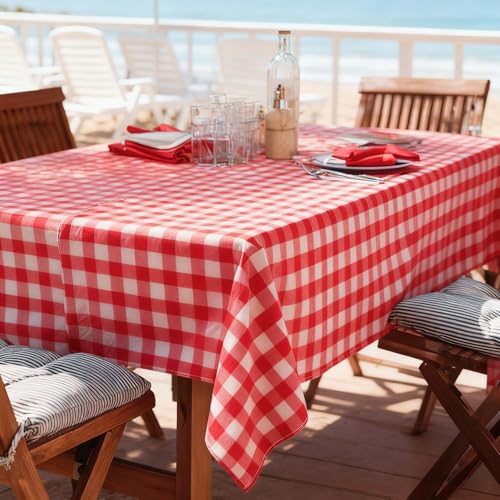 Image of Oigco Red and White Checkered Tablecloths - 3 Pack 54 inch x 108 inch Rectangle Disposable Plastic Red Gingham Tablecloth, Picnic Table Cover for Party, Wedding, Birthday Christmas Decor