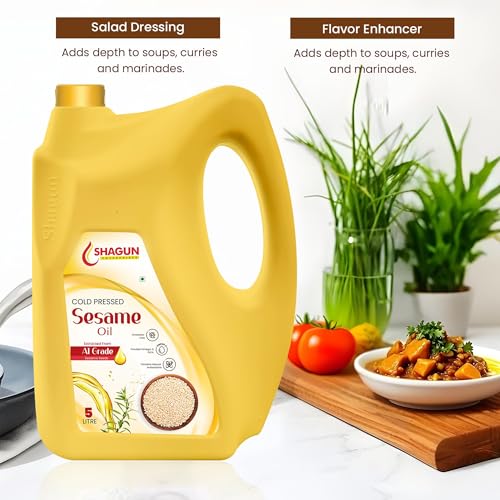 Image of Shagun Cold Pressed Sesame Oil 5 Litre (Gingelly Oil), 100% Pure and Natural Cooking Oil, Rich in Antioxidants and Omega 6, Extracted from A1 Grade Sesame Seeds, Goods for Heart Health