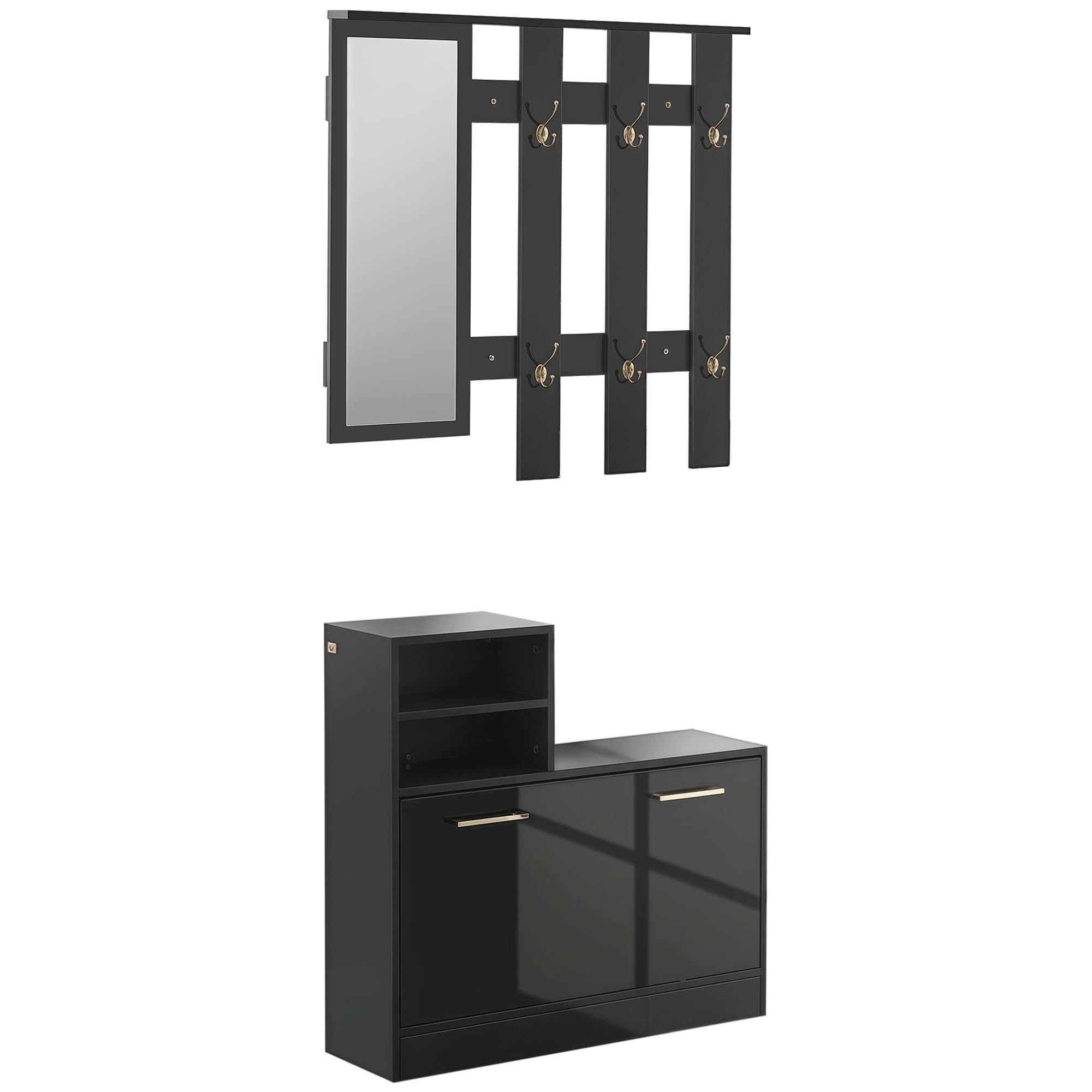 HOMCOM Set Appendi Abiti da Ingresso con Specchio e Scarpiera per 8 Paia di Scarpe, Legno Nero Lucido