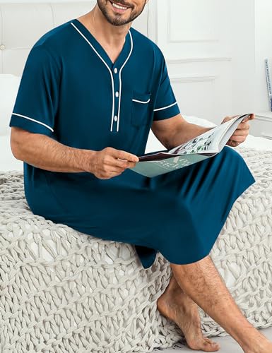 Image of SWOMOG Mens Nightgown Short Sleeve Lounge, Sleep Henley Shirt Pajama Big & Tall Nightshirt Comfy Nightwear M-3XL
