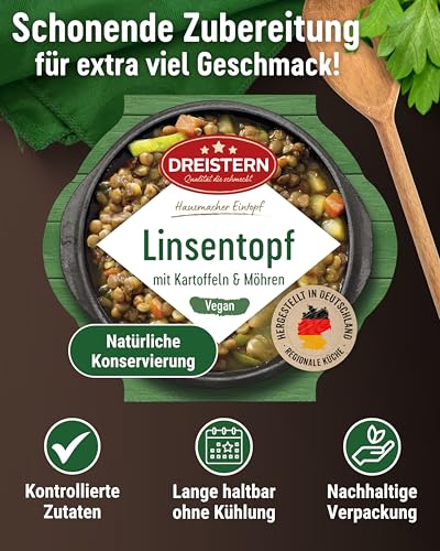 DREISTERN Linseneintopf 400g I Mit Kartoffeln & Gemüse I Veganes Fertiggericht in Mikrowellenschale I Lange Haltbarkeit dank natürlicher Konservierung I Hausmacher Qualität