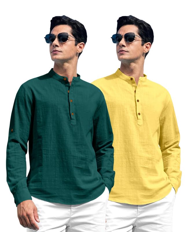 Image of ROYALSCOUT Combo of Men's Solid Cotton Blend Full Sleeve Straight Kurta Shirt (Pack of 2)