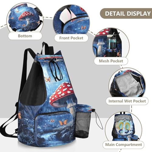 Mesh Gym Swimming Bags for Men & Women, Fantasy Forest Mushroom Butterfly Large Drawstring Backpack with Dry-Wet Pocket, Lightweight Gym Bag for Sports, Travel, Beach, Workout Gear4