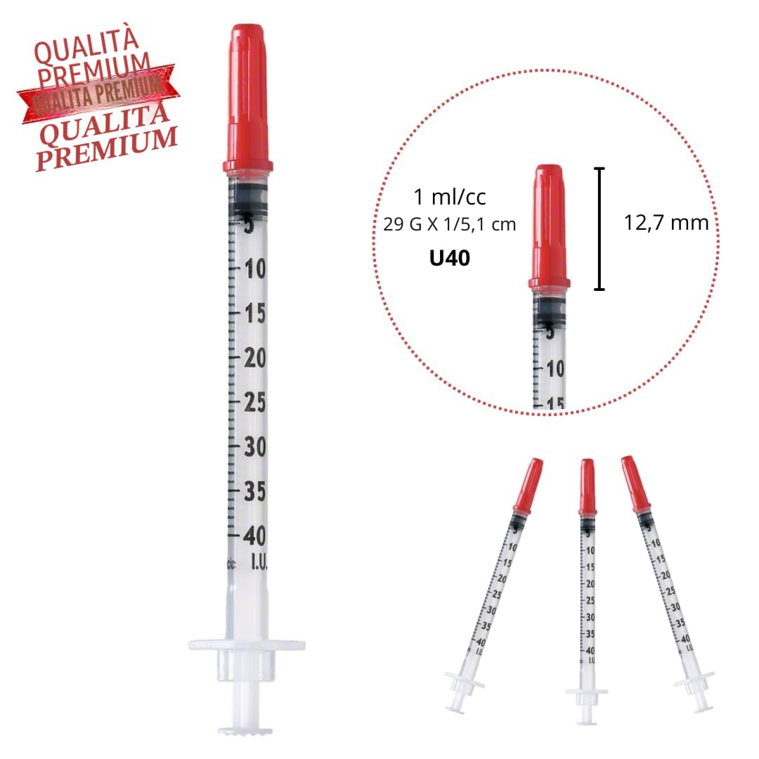 100 tubi di plastica U40 da 1 ml/cc, 29 g (0,33 x 12,7 mm), strumenti di misura multiuso, confezionati singolarmente (29 G 1/2'')