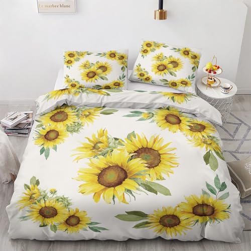 NOGAWA Sunflower Super King Size Duvet Cover Sets - Yellow Floral Bedding Set - Reversible Quilt Cover & 2 Pillowcases with Zip and Ties, Ultra Soft and Non Iron Brushed Microfibre Bed Set