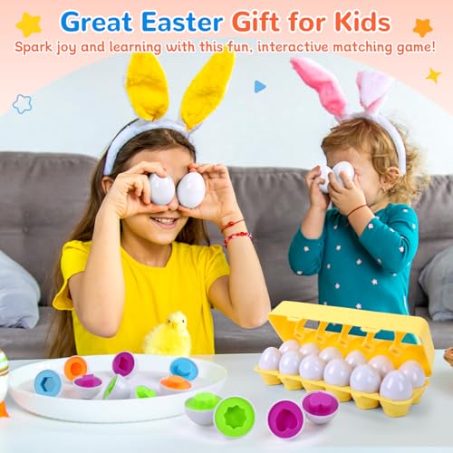 Image of USATDD Matching Eggs for Toddlers Montessori Geometric Eggs Color & Shape Recognition Toy, Fine Motor Skills Shape Sorter Puzzle, Easter Eggs Toys Gifts for Kids, Easter Basket Stuffers