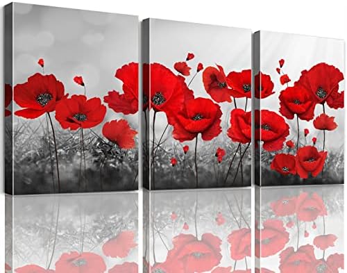 Watercolor Floral Poster, Red Flower Wall Art, Abstract Red Poppy Canvas Printings - BANMU ART - Modern Canvas Painting 3 Pieces Combined Flowers Posters Wall Pictures for Living Room (Red Poppy,12"x16"x3pcs)