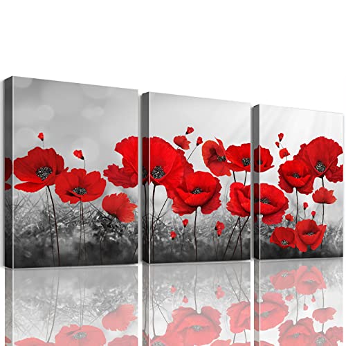 Watercolor Floral Poster, Red Flower Wall Art, Abstract Red Poppy Canvas Printings - Banmu Art - Modern Canvas Painting 3 Pieces Combined Flowers Posters Wall Pictures For Living Room (Red Poppy,12"X16"X3Pcs) #TOP2