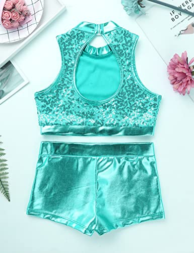Girls 2Pcs Dance Sports Outfit Shiny Sequins Cutout Back Crop Top Booty Shorts Gymnastics Dancing Clothes3