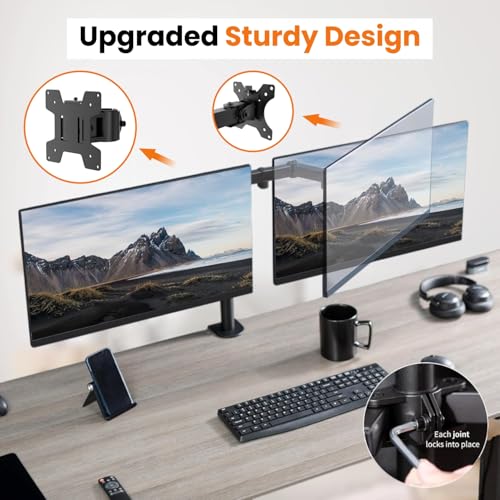Image of Dyazo Dual Monitor Stand for Desk | Full Motion Adjustable Arms with Height Adjustment, Tilt & Swivel | Supports 13-32 Inch Screens | VESA 75 /100 Compatible with C-Clamp & Grommet Mount Base (Black)