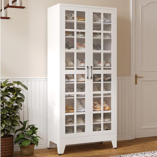 Image of Tall Shoe Cabinet with Doors and Adjustable Shelves | 9-Tier Metal Shoe Storage 36 Pairs of Shoes,Large Shoe Rack,Storage Cabinet for Entryway Doorway Garage Living Room,White