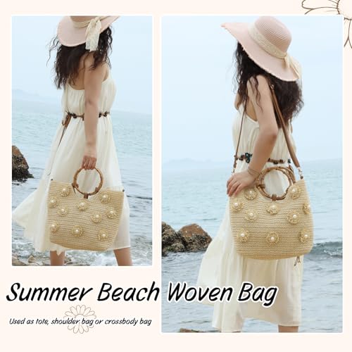 Bolsa playera para mujer, tejido con perlas florales miniatura 2