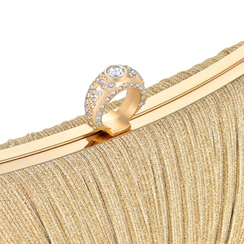 Image of Womens Golden Glitter Clutch Purse Pleated Evening Bag for Bridal Wedding Party with Rhinestone Ring