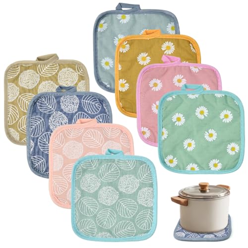 UHETLET Set di 8 presine isolate, in cotone, lavabili per la cucina, 17 x 17 cm, resistenti al calore, guanti da forno